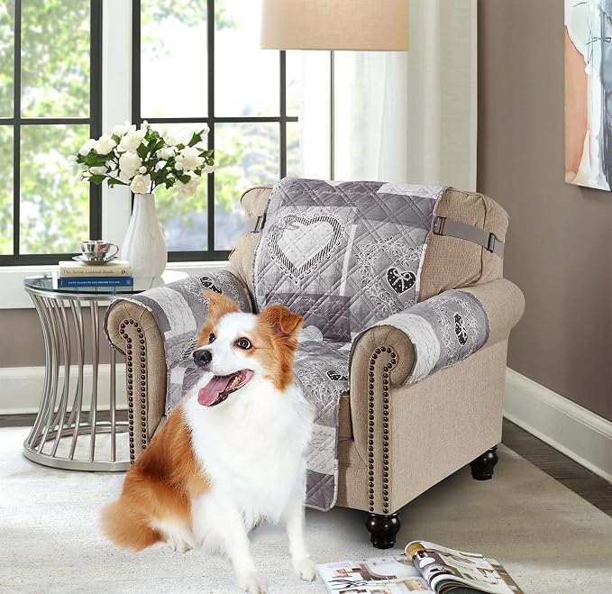 Brilliant Sunshine Grey Heart Love Patchwork Quilted Chair Slipcover, 23" Seat Width, Slip Resistant Furniture Protector, 2" Strap, Washable Armchair Cover for Pets, Kids, Dogs, Cats, Grey | Quilted Sofa Cover, Living Room & Bedroom Furniture Protector...