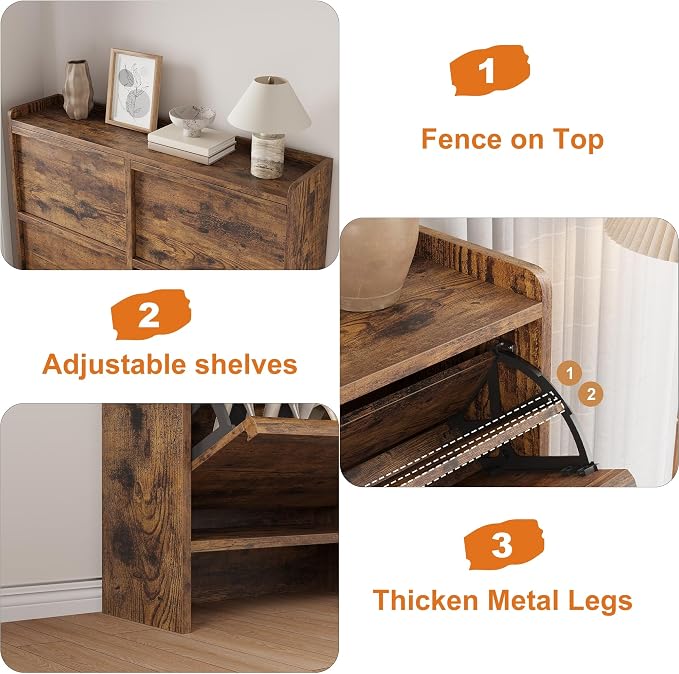 GarveeHome Shoe Cabinet with 4 Flip Drawers, Wooden Shoe Organizer Cabinet with Adjustable Shelf, Shoe Storage for Entryway, Hidden Shoe Cabinet for Hallway, Living Room, Rustic Brown