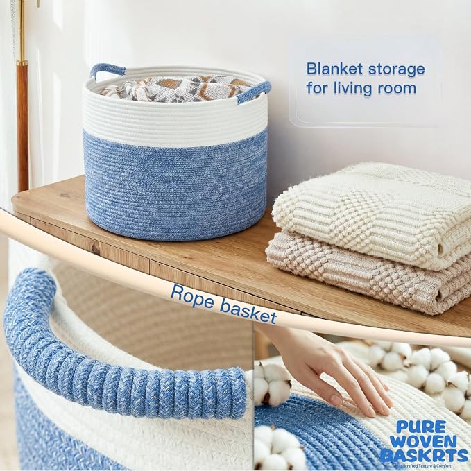 Artfeel 40L Large Cotton Rope Basket, Decorative Woven Blanket Storage for Living Room, Boho Toy Storage & Toy Box for Kids, Versatile Laundry Basket & Nursery Hamper for Blankets(DenimBlue)