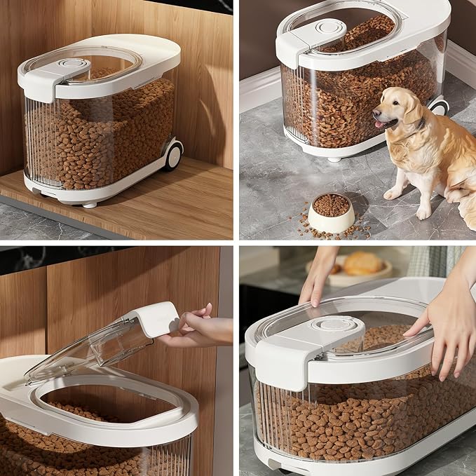 Airtight Dog Food Storage Container with Desiccant Chamber,Cat Food Storage with Timer,Wheels & Scoop,7 Liter,10-12 lbs/7 kg,for Small Dog,Cat & Bird Feed,Clear BPA-Free Slim Rolling Bin with Lid