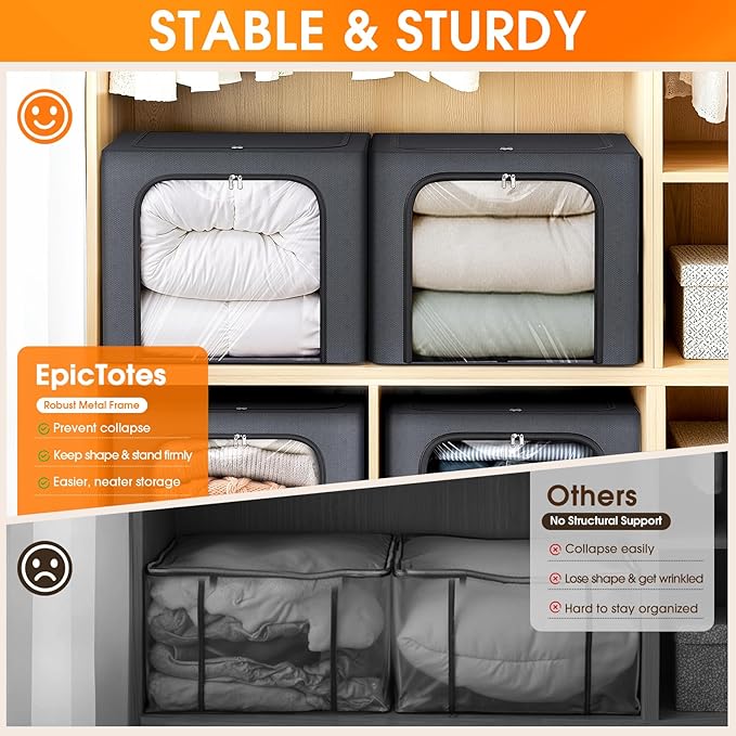 Metal Frame Clothes Storage Bins, Light Grey, 40L, 4 Pack | Foldable Storage Boxes with Clear Window, Front & Top Zipper Openings, Stackable Organizer with Handles for Closet & Bedroom