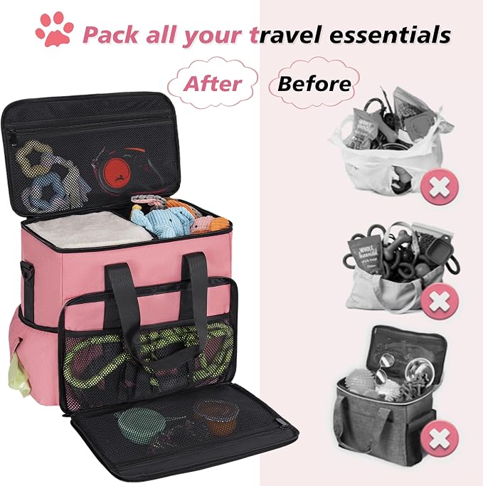 Dog Travel Bag, Large Pet Travel Set with Multi-Function Pockets | 2 Food Storage Containers, 2 Collapsible Bowls, 1 Feeding Mat for Pet Supplies, Road Trip Essentials, Weekend Camping, Pink
