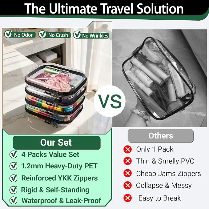 YQBRAO Clear Hard Shell Zipper Cases, 4 Medium Makeup Organizers, Black | Rigid 1.2 mm PET and YKK dual zippers for skincare, toiletries, chargers, notebooks and daily essentials