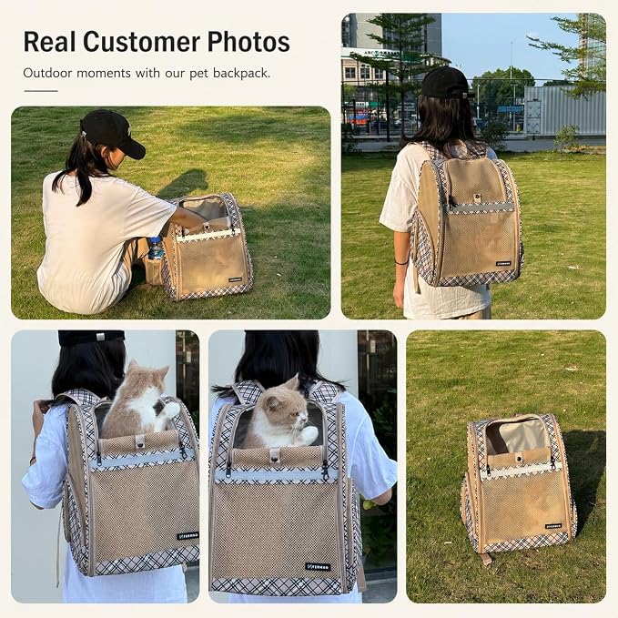 Cat Backpack Carrier for Small Dogs and Medium cat Puppy Kitten Bunny Pet Carrier Backpack Collapsible with Fully Ventilated Mesh with Safety Leash (Khaki, 12.9" L x 10.62" W x 15.5" H - M)