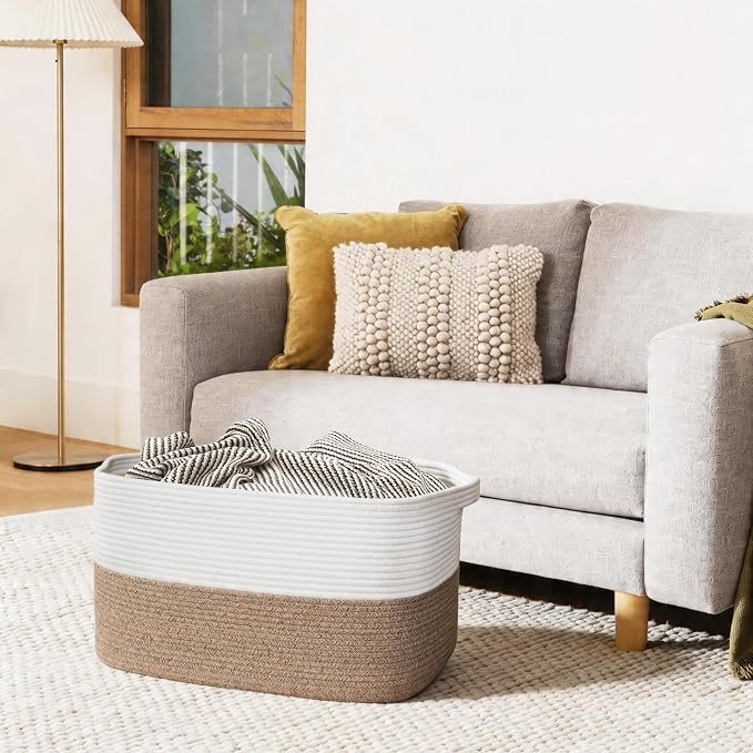 MEGASKET Extra Large Blanket Basket, 22" x 17" x 12" Rectangle Blanket Storage for Living Room, Soft Kids Dog Toy Basket Bin, Cotton Rope Baskets for Storage, Woven Throw Pillow Organizer Holder