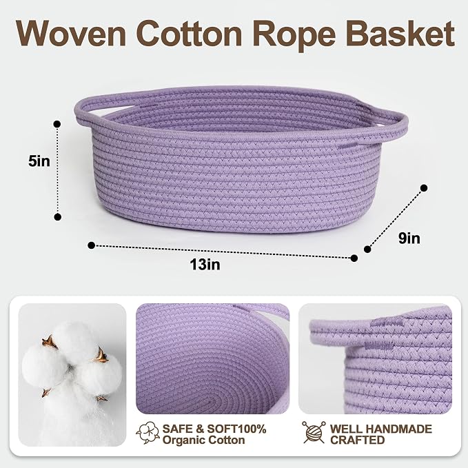 Small Baskets for Gifts Empty, 13"x 9"x 5" Woven Gift Basket with Bag and Ribbon, Cotton Rope Kids Dog Cat Toy Bin Box, Cute Baby Nursery Organizer, Decorative Storage with Handles,Purple