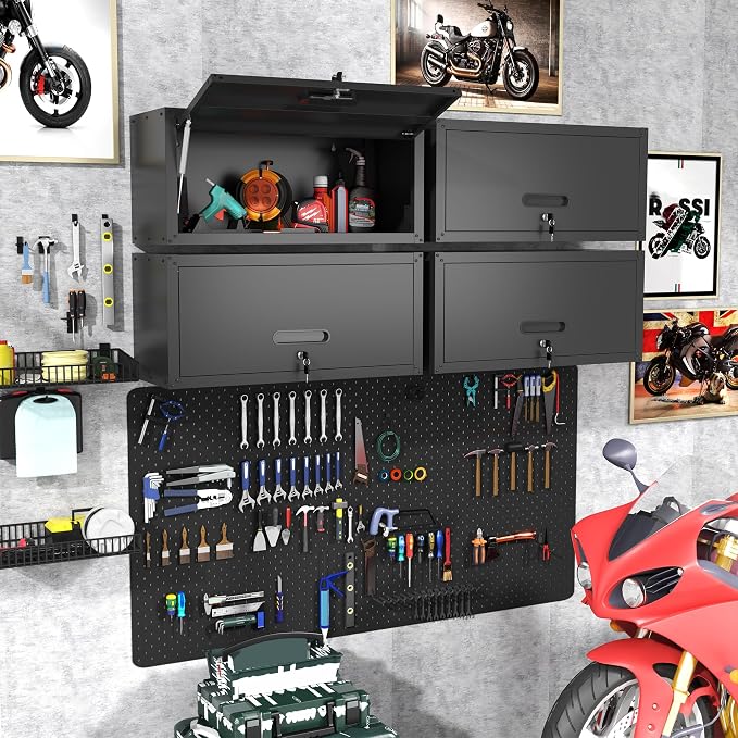 Metal Storage Cabinet for Garage, Tool Cabinet, Utility Cabinet | Wall Mounted, Hanging Tool Cabinet, Lockable, Flip-up Cabinet Door, Assembly Required, Black