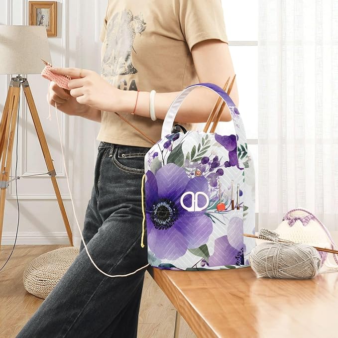 Tatenale Crochet Bag Yarn Bag Knitting Project Bag with Pockets and Handle Portable Yarn Storage Organizer Tangle Free 8.3x11 InchBlue and White Silver Lotus Flowers and Berries20