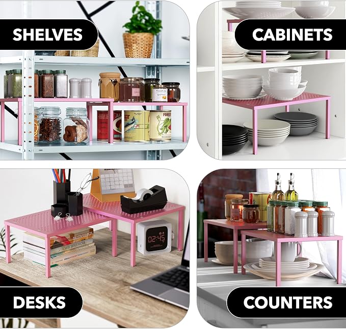 Simple Houseware Expandable Stackable Kitchen Counter Shelf Organizer, Pink, Metal Top, 11.25 in L x 7.9 in W x 5.4 in H | Expandable & Stackable 9" D x 12.75" W x 5.9" H