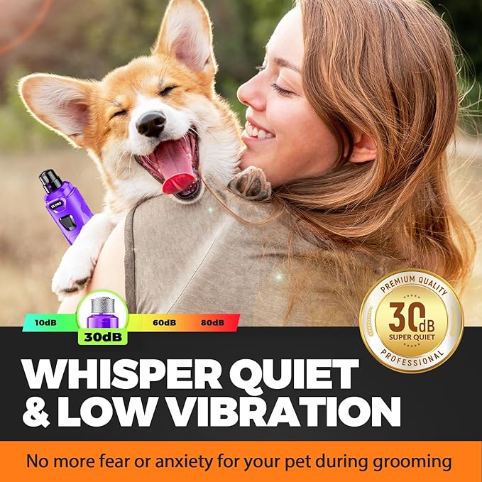 Whisper Quiet Dog Nail Grinder with 4 LED Lights, Safe & Stress-Free for Sensitive Dogs of All Breeds & Sizes, 3 Grinding Bits, 3-Speed, Pet Nail Trimmers, Rechargeable Painless Grooming Kit Purple