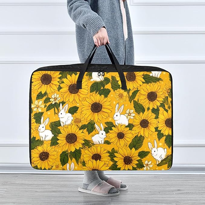 Comforter Storage Bags Large Folding Blanket Organizer Bag with Strong Handles Clear Window Closet Storage Containers for Clothes King Queen Pillows Bedding Quilt Duvet Autumn Sunflower and Cut