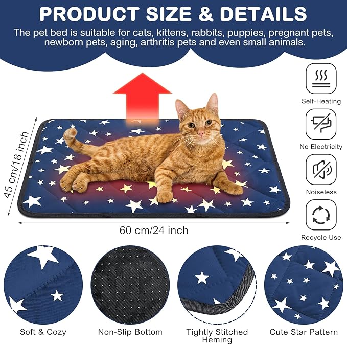 4 Pack Self Warming Cat Bed Self Heating Cat Mat Star Pattern Soft Dog Crate Pad Thermal Pet Mat Anti Slip Kennel Dog Washable Warming Bed for Outdoor Indoor(18 x 24 Inch,Blue)