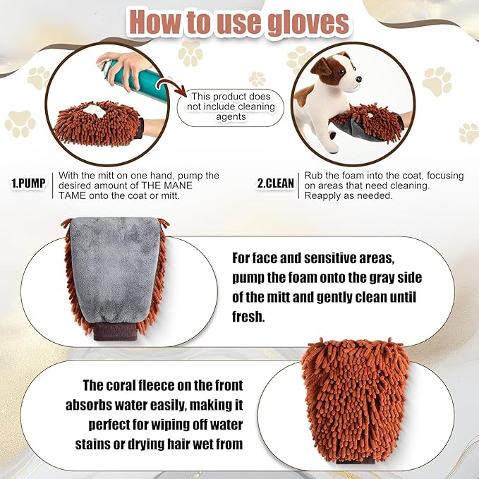 Teenyyou 2 Pcs Dog Towel Mitt Dry Bath Gloves Chenille Microfiber Paws Clean Pet Hair Washing Gloves Dog Grooming Mitts Bath Supplies for Cats Rabbits Horses Suitable for Long/Short/Poodle Fur(Brown)