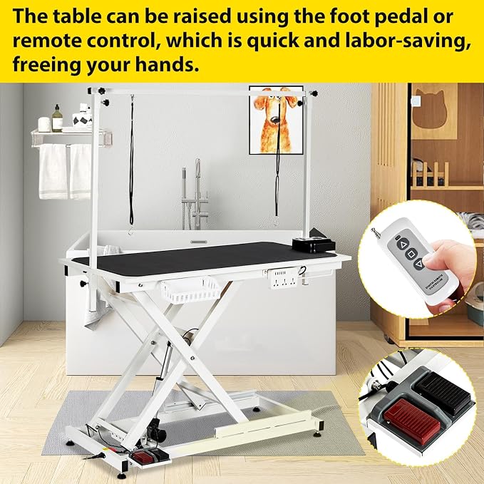 50" Electric Dog Grooming Table for Home, Heavy Duty Height Adjustable Pet Wash Station with Arm, Portable Non-Slip Tabletop, Tool Organizer & USB Outlet, Supports 300lbs for All Pets