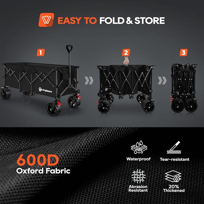 Originsure 300L Beach Wagons Carts Foldable with Big Wheels, 560lbs, Black | 48" Folding Utility Wagon,7" All-Terrain Wheels,Heavy Duty Frame,Compact&Space-Saving,for Camping,Sports,Grocery,Garden