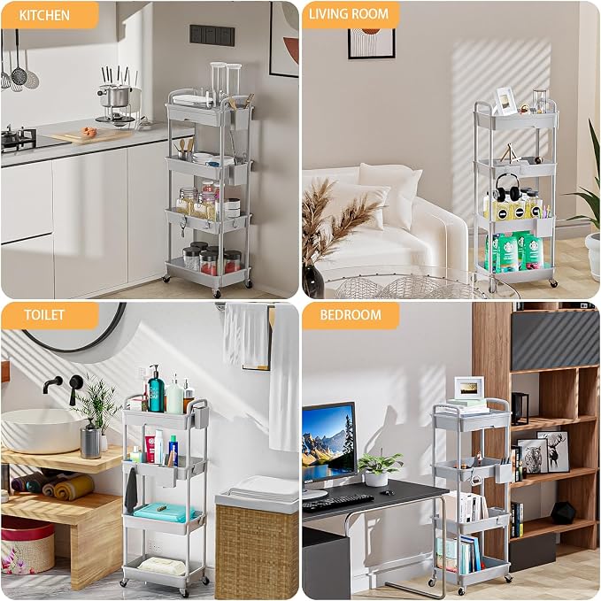 4 Tier Rolling Utility Cart with Drawer,REBECAT Utility Cart Made of Multifunctional Storage Organizer Tool for Kitchen,Bathroom,Living Room,Office(Gray)