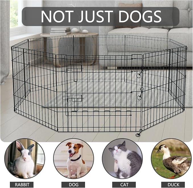 PETIME Foldable Metal Dog Exercise Pen/Pet Puppy Playpen Kennels Yard Fence Indoor/Outdoor 8 Panel 24" W with Top Cover and Bottom Pad