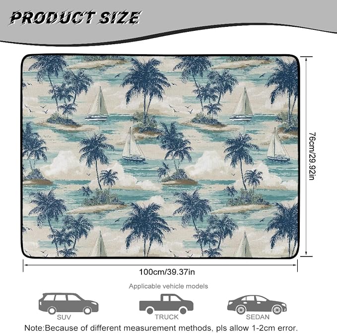 Palm Tree Print Washable Universal Cargo Liner 29" x 39", All Weather Non Slip Car Trunk Mat for SUV Truck, Durable Pet Friendly Blue Rear Cargo Protection