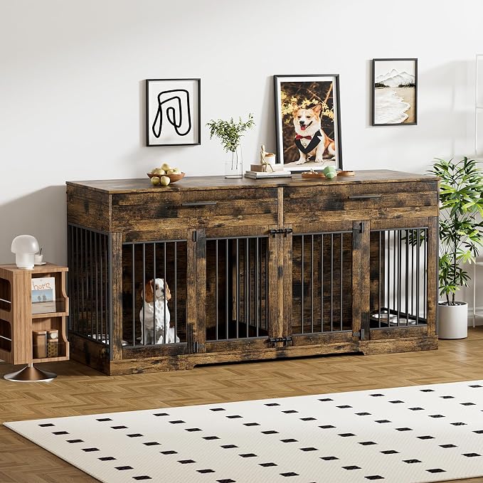 Rophefx 72" Double Dog Crate Furniture with Drawers and Divider, Brown | Wooden dog kennel for 2 medium dogs with 2 drawers, removable divider, 4 bowls and TV stand top