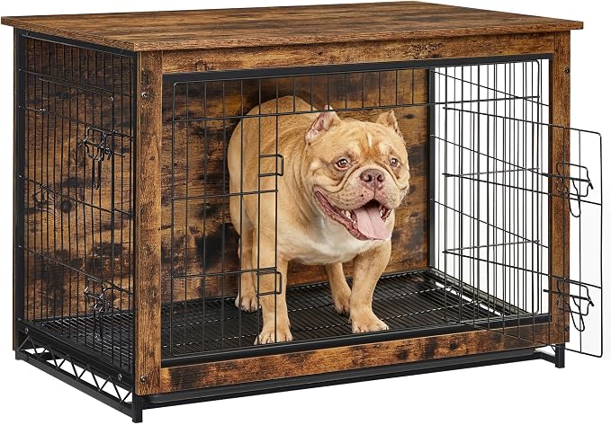 Feandrea 38.6" Dog Crate Furniture, Indoor Dog Cage Side End Table, XL Pet Wood Kennel for Large and Medium Dogs up to 70 lb with Multi-Purpose Removable Tray, Double-Door Pet House, Rustic Brown
