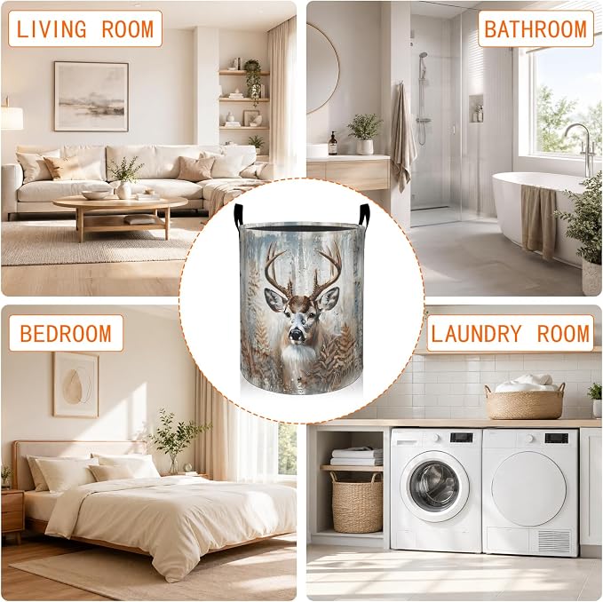 Rustic Deer Laundry Basket, Autumn Forest Birch Tree Oxford Cloth Dirty Clothes Collapsible Hamper for Room Decor, Watercolor Gifts, Toy Organizer 19.7 x 15.7 Inches for Bedroom Bathroom Dorm