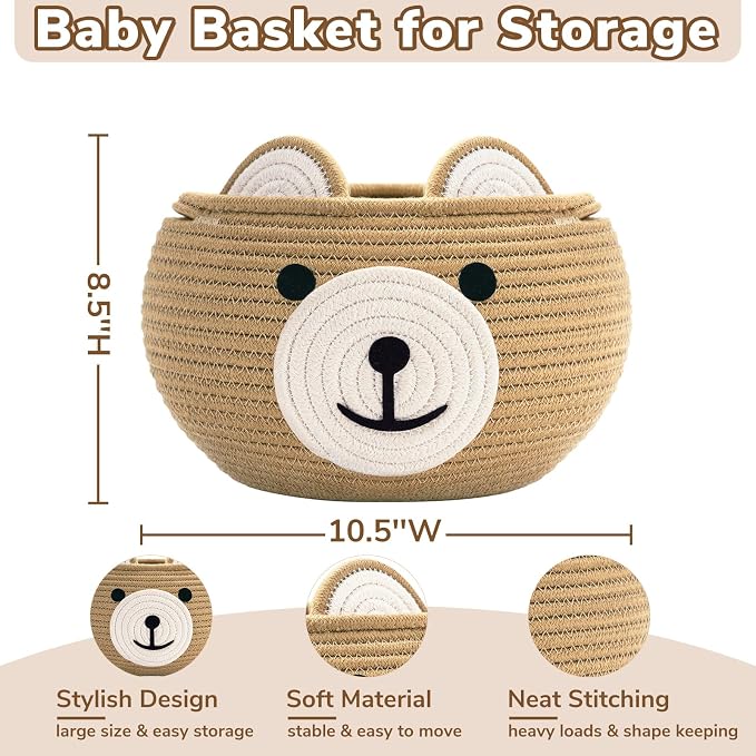 CherryNow Baby Basket for Gifts Empty, Cute Bear Design, Brown | 10.5" x 8.5" Baby Shower Basket for Kids Boys Newborn Storage, Toy Basket for Living Room Nursery Décor, Soft Cotton Rope