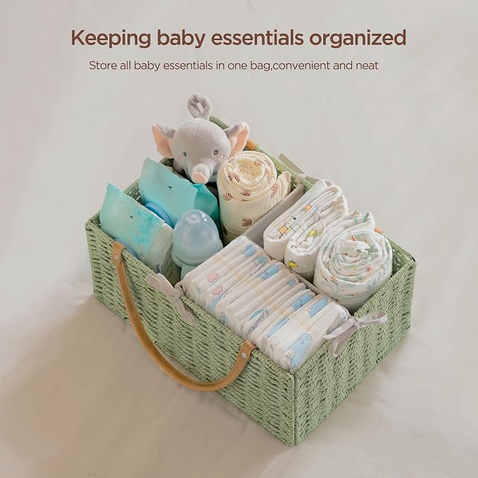 HBlife Large Baby Diaper Caddy Organizer Green, Paper Rope Storage Baskets Nursery Bin with Removable Divider, Portable Car Organizer for Diapers, Baby Shower Gifts, Newborn Essentials Must Haves