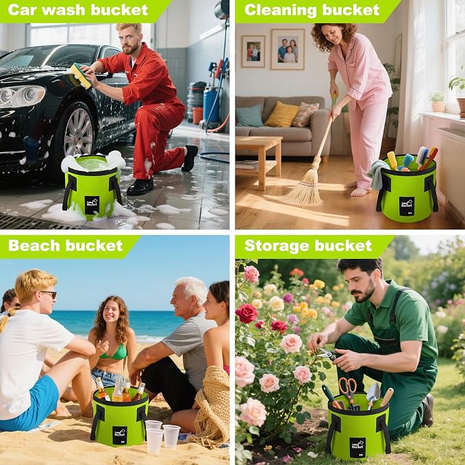 5 Gallon Collapsible Bucket with Handle Car Wash Bucket Cleaning Supplies | Foldable Water Storage Container for Camping Fishing Gardening, Portable Laundry Wash Basin for RV Swamp Emergency Prep Green