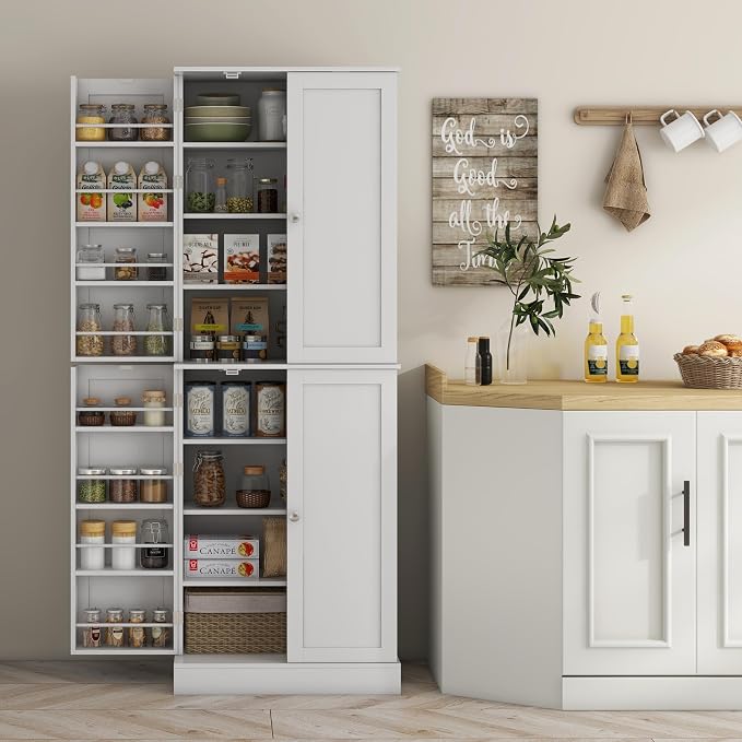 HOMCOM 65" Kitchen Pantry Storage Cabinet 16 Door Shelves White | Freestanding Kitchen Cabinet, 4 Doors, 8-Tier Shelving, Adjustable Shelves