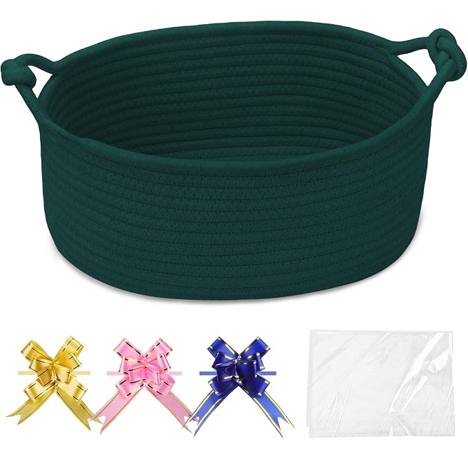 COMSE Small Gift Basket Empty with Bag & Ribbons, Solid Dark Green | Cotton Rope, 12"x 8"x 5", Pet Toy Storage Organizer, Woven Basket for Birthdays, Baby Showers, Mother’s Day, Valentine’s Day