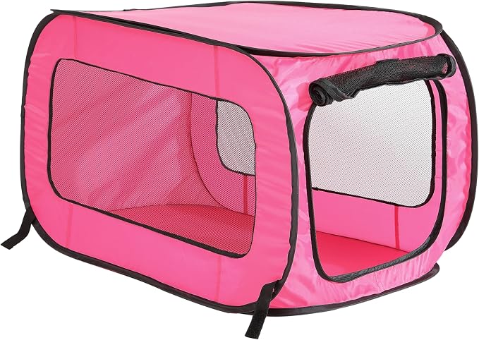 Portable Collapsible Pop Up Kennel, 36" L x 22" W x 22" H, Fuchsia | Collapsible indoor/outdoor travel cat and dog crate with mesh screen windows pops up and folds flat for easy storage