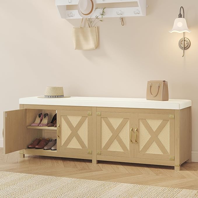 Hzuaneri 59" Shoe Storage Bench, with Soft Padded Seat Cushion & Doors | 2 Tier Shoe Bench with Adjustable Shelf, Wooden Entryway Bench for Living room, bedroom, Hallway, Rattan, Natural SB31502M