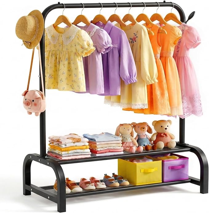 Kids Clothes Rack for Ages 3-6, Montessori Kids Clothing Rack, Black | Kids Dress up Rack with 2 Fabric Storage Shelves & Hooks, Toddler Dress Up Rack for Costumes, Princess Dresses and Shoes