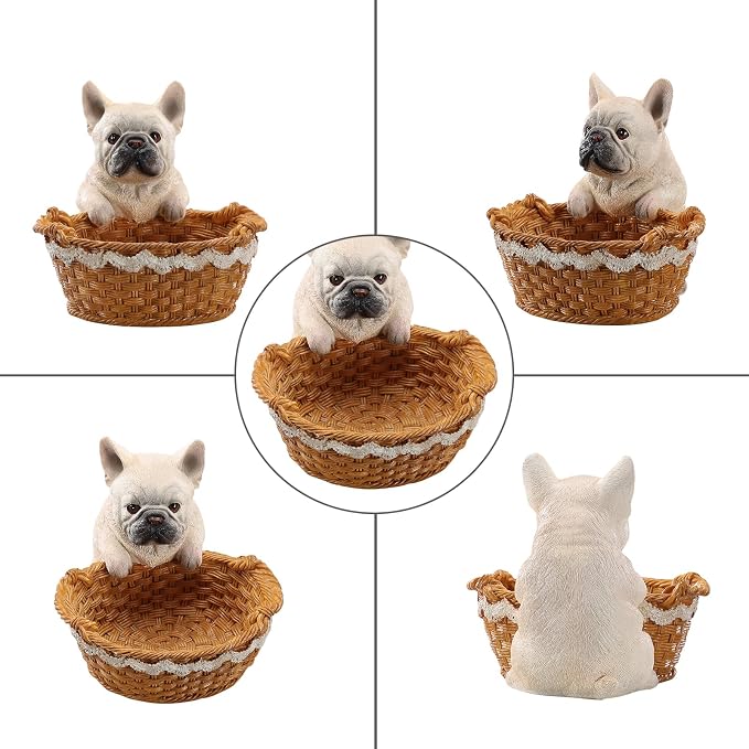 Cute French Bulldog Candy Bowl, Resin Dog Figurine Key Bowl for Entryway Table, Desktop Storage Basket Organizer for Desk, Unique Dog Lover Gift