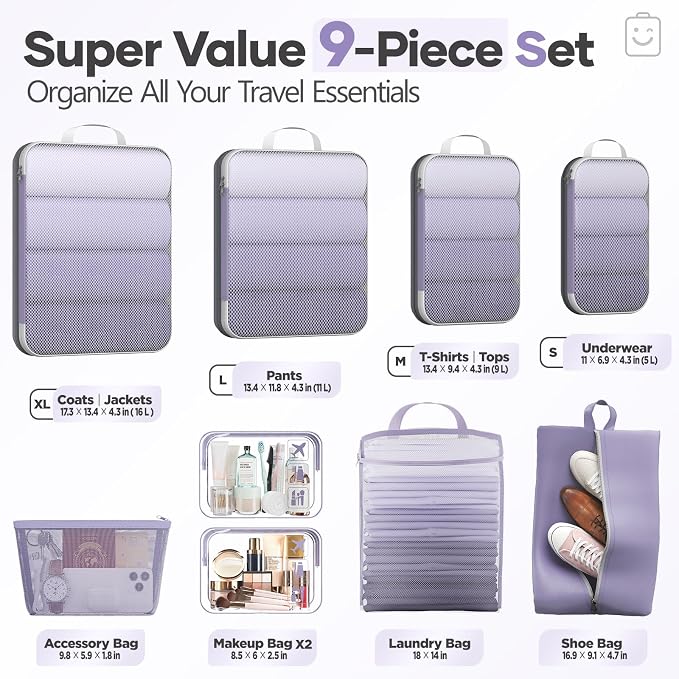 Veken 9/11 Set Compression Packing Cubes Garment Bags for Travel Essentials,Compressible Expandable Luggage Organizer Bags for Clothing,Space Saver Bags with Over 1000 pcs of Mesh Holes(Purple Gray)