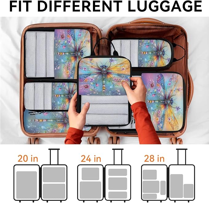 Dragonfly 6 Set Compression Packing Cubes Animals Expandable Packing Organizer for Travel Accessories Luggage Suitcase Bag
