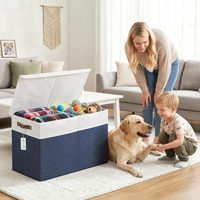 Large Toy Storage Box with Lids, Collapsible Sturdy Baby Storage Organizer Chest Bin Basket for Kids, Boys, Girls, Playroom, Nursery, Bedroom, Closet 25"x13"x16" (Navy Blue and White)