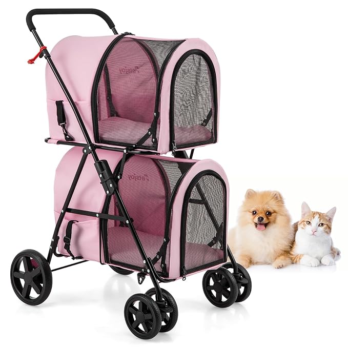 PETSITE Double Dog Stroller, Foldable Pet Stroller for 2 Dogs & Cats Small Medium Sized with Detachable Carrier on Wheels, Ideal for Car Seat Walking Camping Travel (Pink)