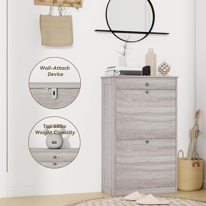 FTZxHKLX Shoe Rack Cabinet 2 Flip Drawers, Entryway Shoe Storage, Wash Grey | Narrow Shoe Cabinet Organizer with Top Drawer, Freestanding Hidden Shoe Organizer for Entryway , Hallway, Foyer