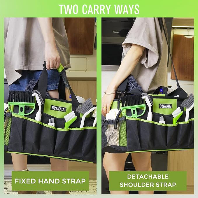 SCAVATA Wearable Cleaning Caddy Bag, Cleaning Caddy Supplies Organizer with Handle & Shoulder Straps for Housekeepers, Under Sink & Car Cleaning Tool Organizers with 4 Foldable Divider (NeonGreen)