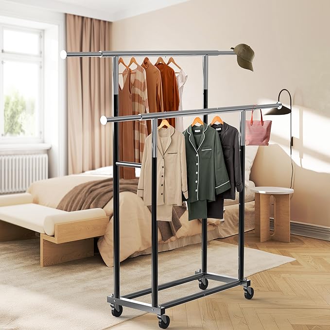 Simple Houseware Standard Double Rods Clothing Garment Hanging Rack, Black | Extendable Width from 30.5 to 48 Inches