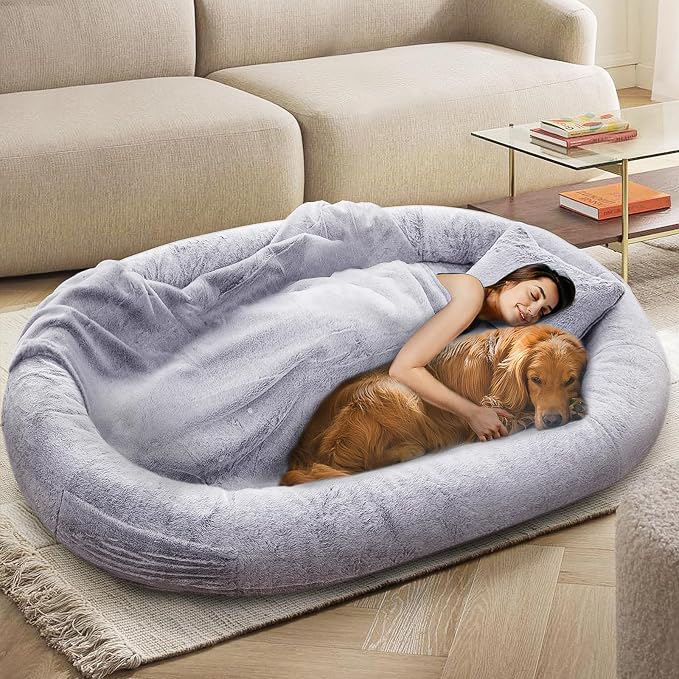 Human Dog Bed for Adults and Pets,71"x45"x14" Human Size Giant Dog Bed,Washable Faux Fur Cover Napping Orthopedic Bean Bag Bed for Humans with Blanket and Pillow,Gray