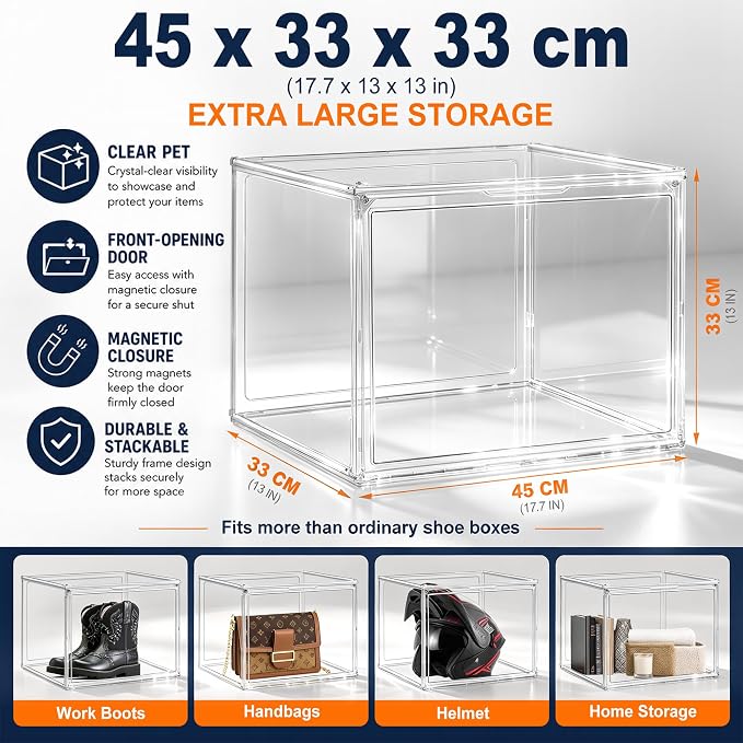 XXX-Large Extra Large Boot & Shoe Acrylic Display Case 17.3'', 1 Pack | Transparent Sneaker Organizer, Clear Plastic Stackable Boot & Shoe Boxes, Large Showcase for Helmet, Handbag, Collectibles