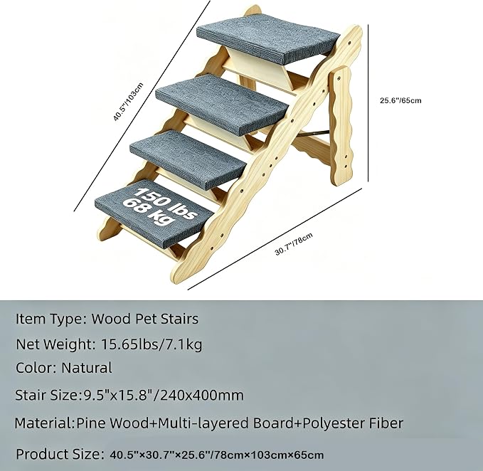 Wooden Pet Stairs, 2-in-1 Folded Pet Steps for Beds, Anti-Slip Dog Ramp with 4 Steps for Small Medium Large Pet, up to 150 lbs