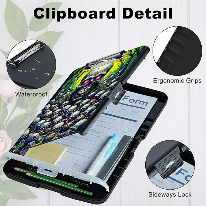 A4 Clipboard with Storage Pen Holder, Clipboards Organizer Nursing Clipboard Foldable File Folder Plastic Clipboard Folio Clip Board for Office Work Classroom Doctor, Forest Skull