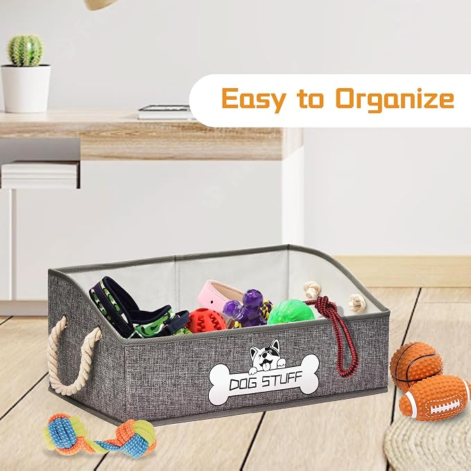 Dog Toy Basket, Storage Bin, Collapsible Box for Pet Accessories | Fabric Container With Handle, Trapezoid Holder for Small Medium dogs, Organizer for Living Room, Gray