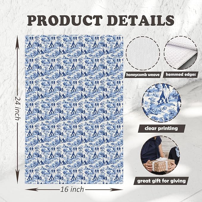 Chicimln Chinoiserie Border Collie Kitchen Towels, Border Collie Gifts Decorative Hand Towels for Bathroom, Blue and White Dog Dish Tea Towel Drying Cloth for Kitchen Decor, 16x24 Inch