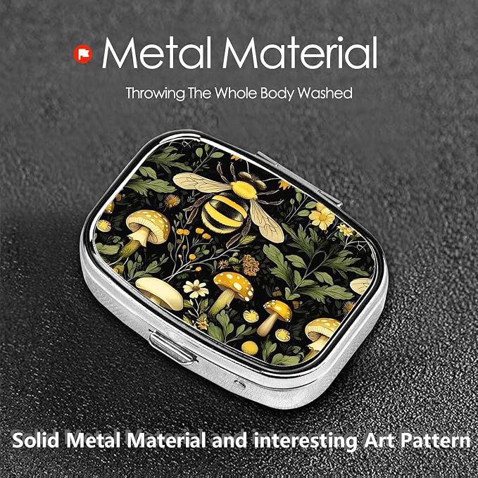 ABLESKY Pill Box, 2 Compartment Pill Organizer Case for Pocket or Purse, Small Portable Metal Travel Medicine Box with Mirror, Daily Vitamins Fish Oil Container-Bee Retro Beautiful Mushroom