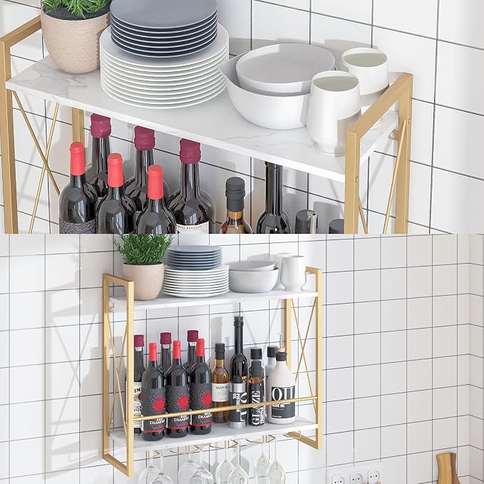 Dokser Wine Rack Wall Mounted 2 Tier Shelf Wine Bottle Holder for Kitchen | Gold 2 Tier Wall Wine Rack with Rustic Wood & Industrial Iron Frame, Wine Bottle Holder for Dining Room, Home Bar Decor