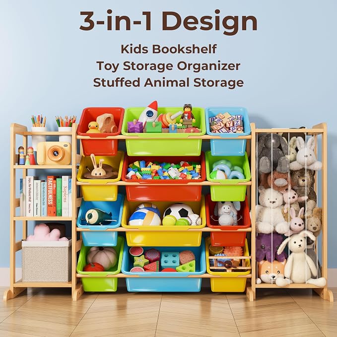 mirolam Toy Storage Organizer with Bookshelf and Stuffed Animal Storage - Playroom Organization with Shelves and 12 Bins - Living Room Box for Lego - Bedroom Decor Essential